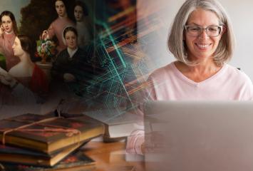 Woman searching on laptop, books and paintings fade in around her