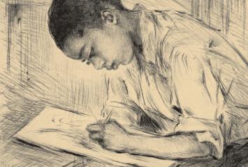 Illustration of young Black child writing on paper