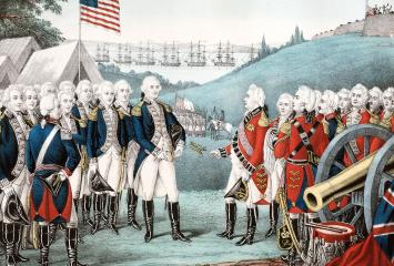 Colored print of Cornwallis handing his sword to Washington. The American troops stand on the left, the British on the right.