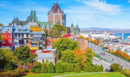 Skyline view of Old Quebec City with iconic Chateau Frontenac and Dufferin Terrace