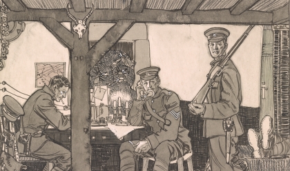 Drawing shows four soldiers inside a house