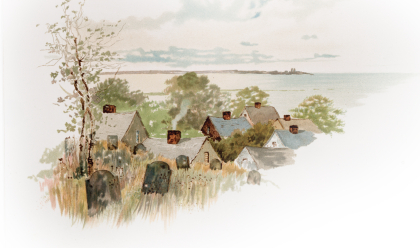 “The Gurnet Light from Burial Hill,” Plymouth. Mayflower Memories of Old Plymouth by Louis K. Harlow (L. Prang & Co., 1889). New York Public Library Digital Collections.