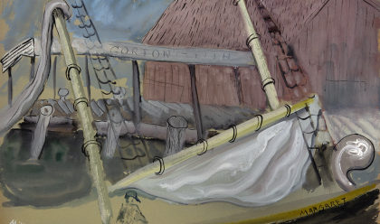 Milton Avery (1885-1965), Gorton’s Dock,1931–34, gouache on brown paper, 18 x 24 in. Private collection. Jeremy Lawson Photography. © 2026 The Milton Avery Trust / Artists Rights Society (ARS), New York.