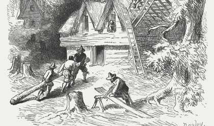 Construction of the first houses in Plymouth, Massachusetts Bay Colony, 1620. Wood engraving after a drawing by Felix Darley (American illustrator and engraver, 1824 - 1888), published in 1876.