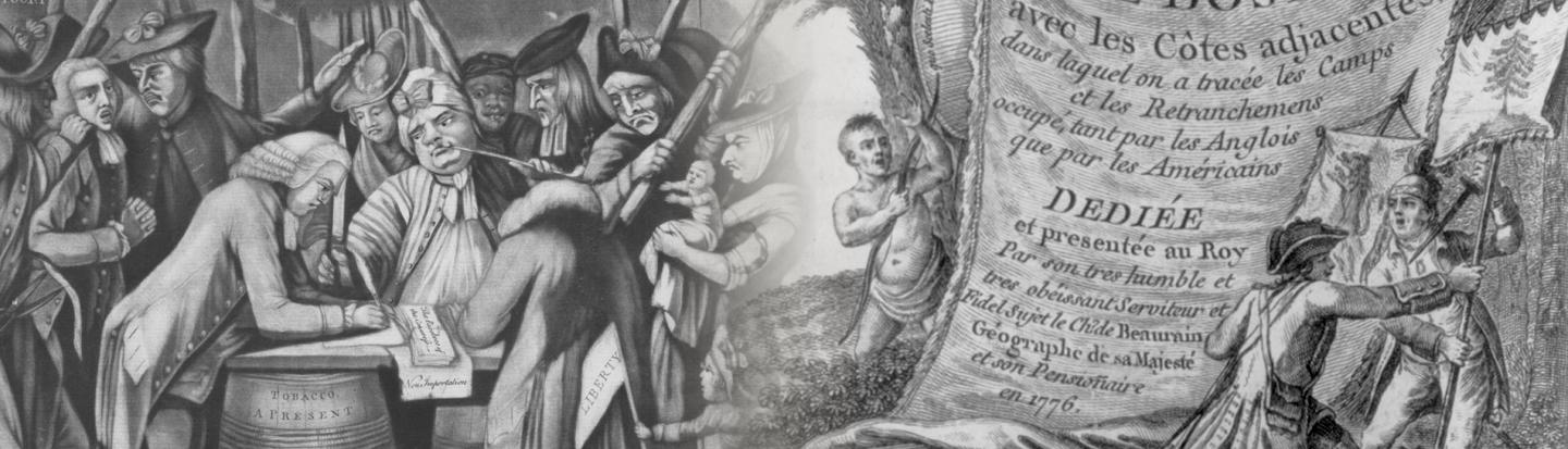 "Virginian loyalist" being forced to sign a document and patriot raises a knife to defend the American banner