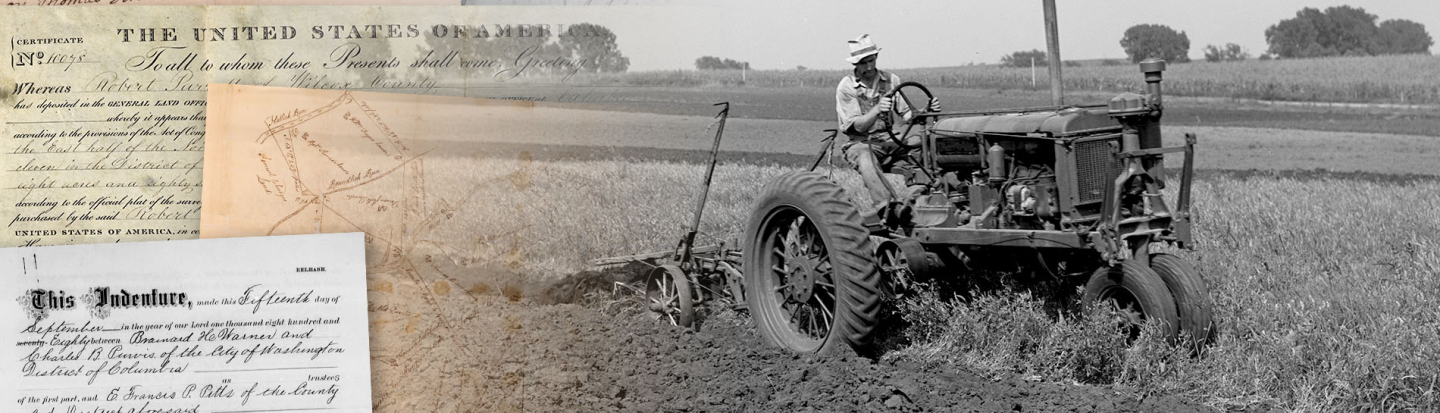 land records and a man plowing a field