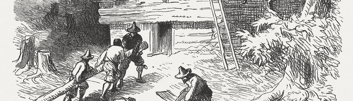 Construction of the first houses in Plymouth, Massachusetts Bay Colony, 1620. Wood engraving after a drawing by Felix Darley (American illustrator and engraver, 1824 - 1888), published in 1876.