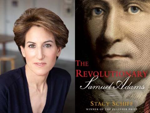 Photo of author Stacy Schiff next to image of book cover for The Revolutionary: Samuel Adams