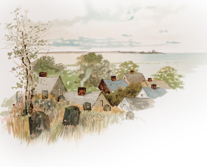 “The Gurnet Light from Burial Hill,” Plymouth. Mayflower Memories of Old Plymouth by Louis K. Harlow (L. Prang & Co., 1889). New York Public Library Digital Collections.