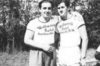 Vintage photo of two young people in matching camp t-shirts