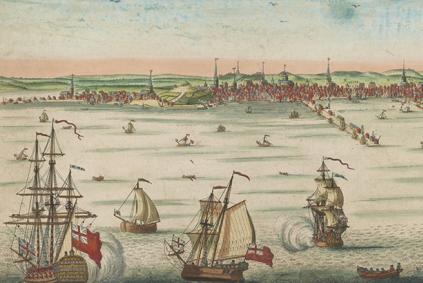 Illustration of ships with sails in a harbor