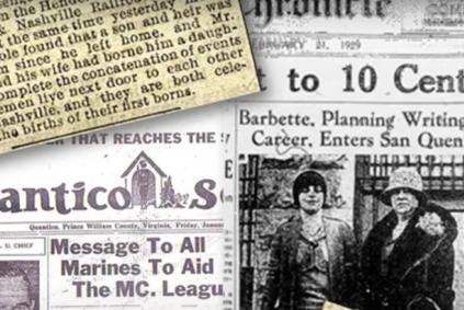 Collage of newspaper articles and photos