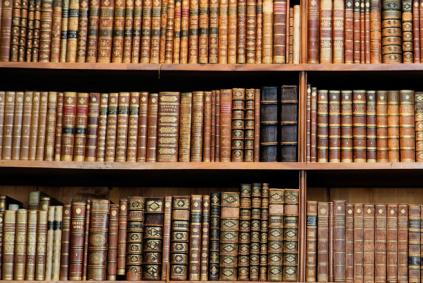 Shelves of leather-bound books