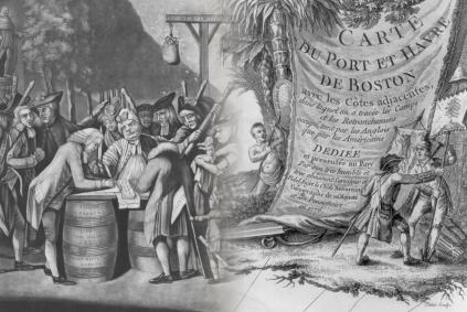 Friend or Foe: Researching Colonial Ancestors During the American Revolution "Virginian loyalist" being forced to sign a document and patriot raises a knife to defend the American banner
